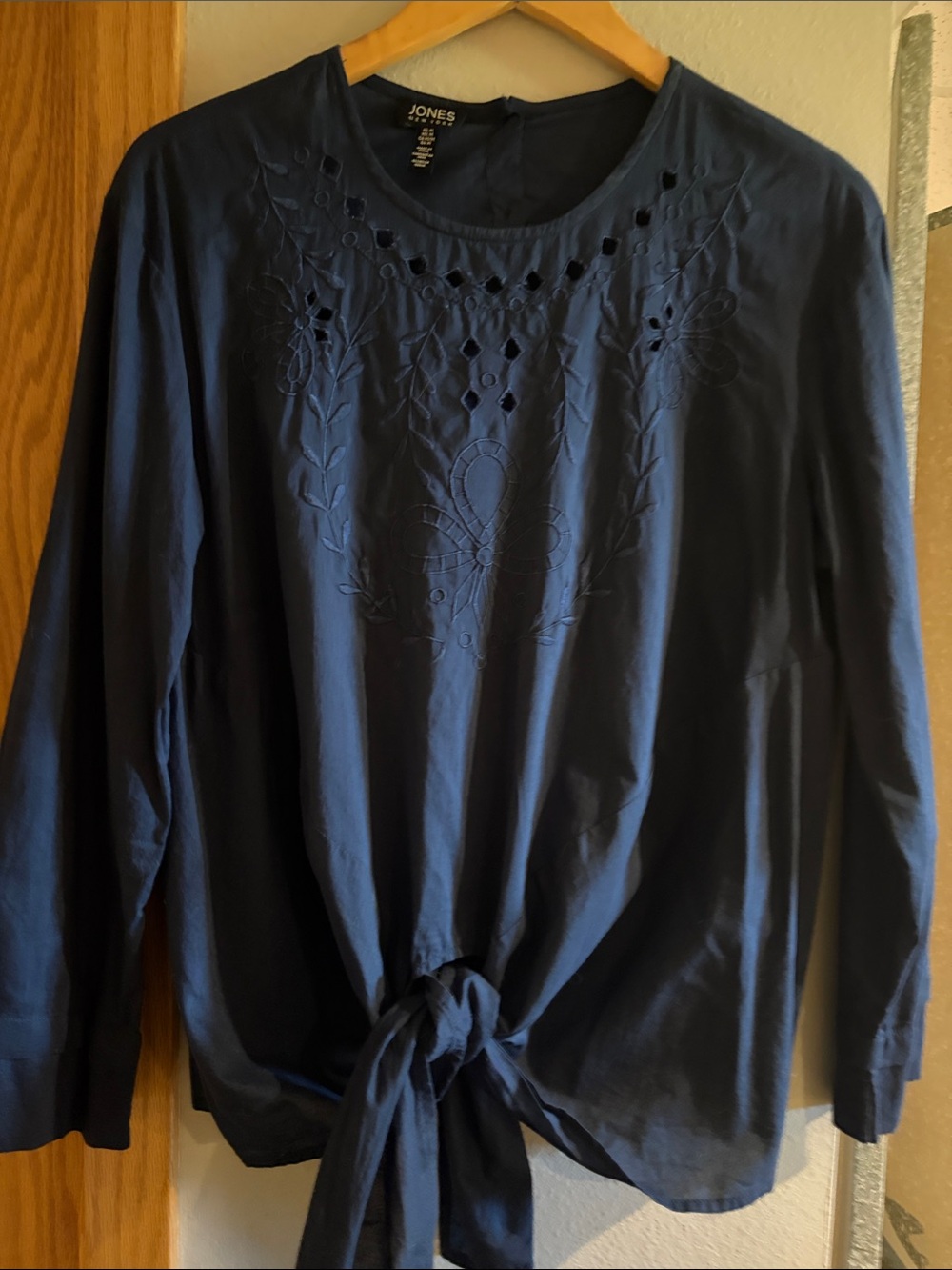 Jones New York Navy Embroidered Tie-Front Long Sleeve Tee